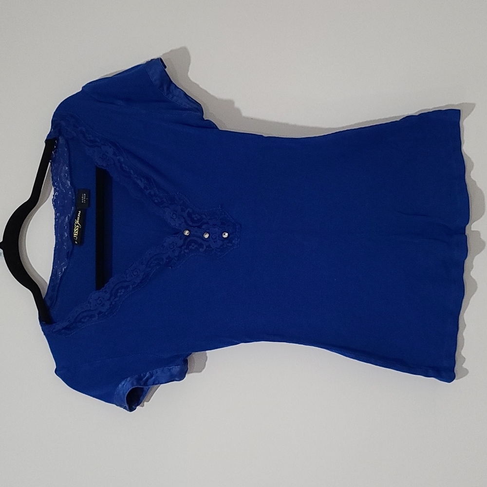 Blue top with lace neckline